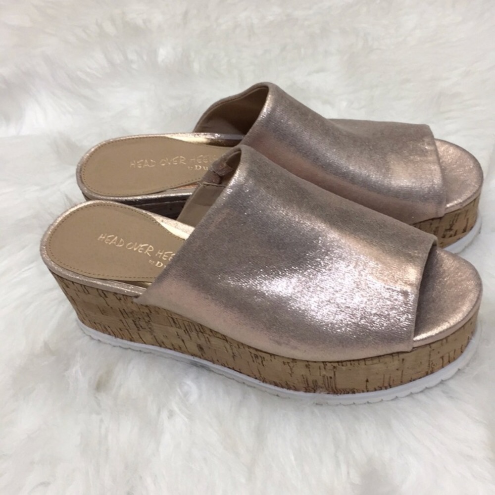 Head Over Heels by Dune rose gold platform slides